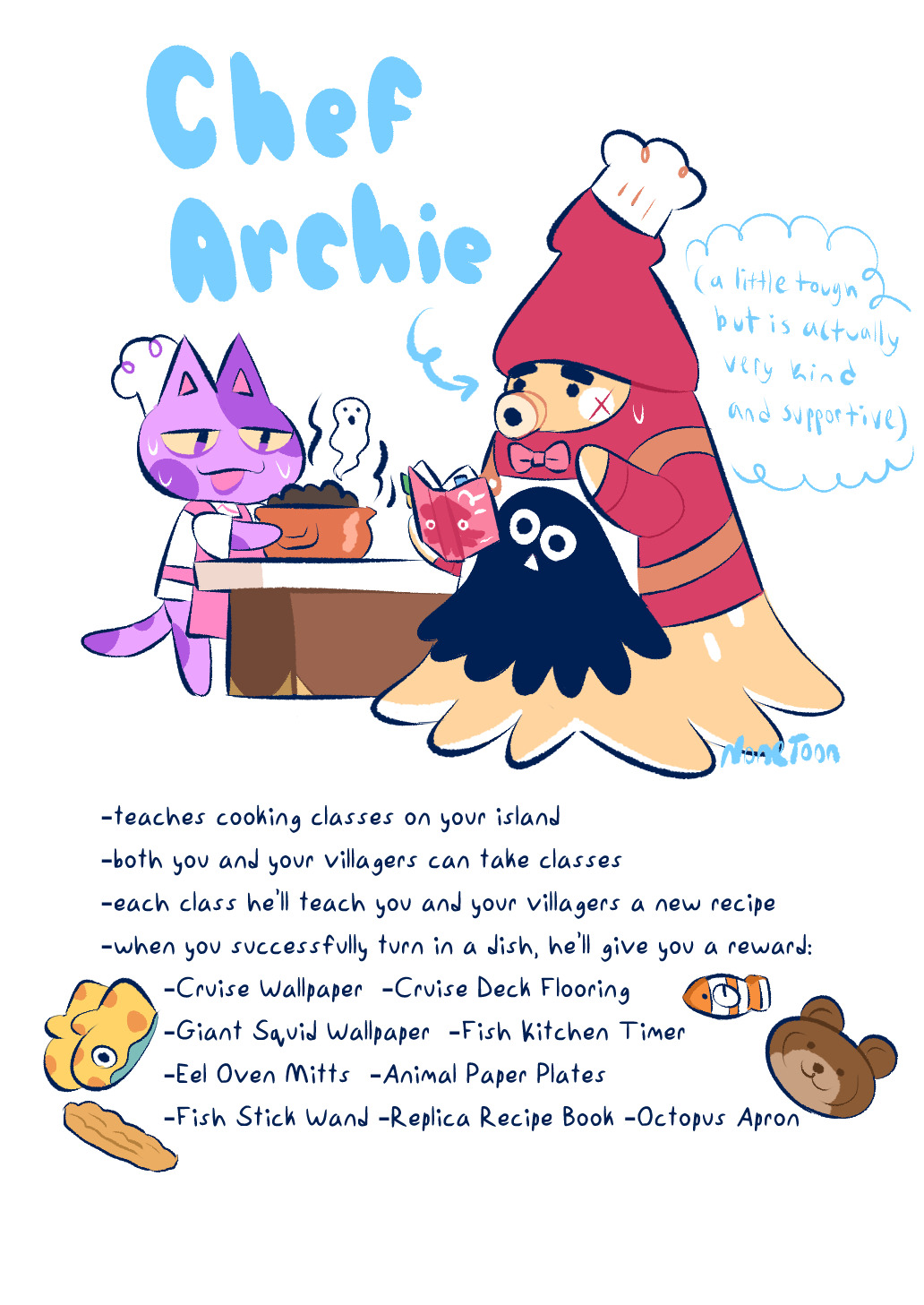 Here’s the result of that twitter poll: a squid chef NPC! 

Chef Archie comes to your island every now and again to teach 