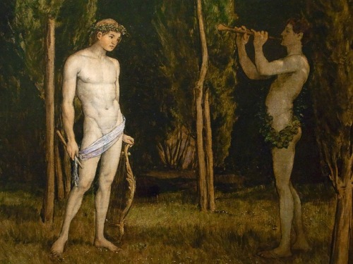 ganymedesrocks: … The Music of the Night Fading, Overpowered by the Day, Setting the Powers of Light…  This particular example of Apollo and Marsyas, gathering the subtle Symbolism by which 1888 brushstrokes, Hans Thoma (1839 - 1924), marked his