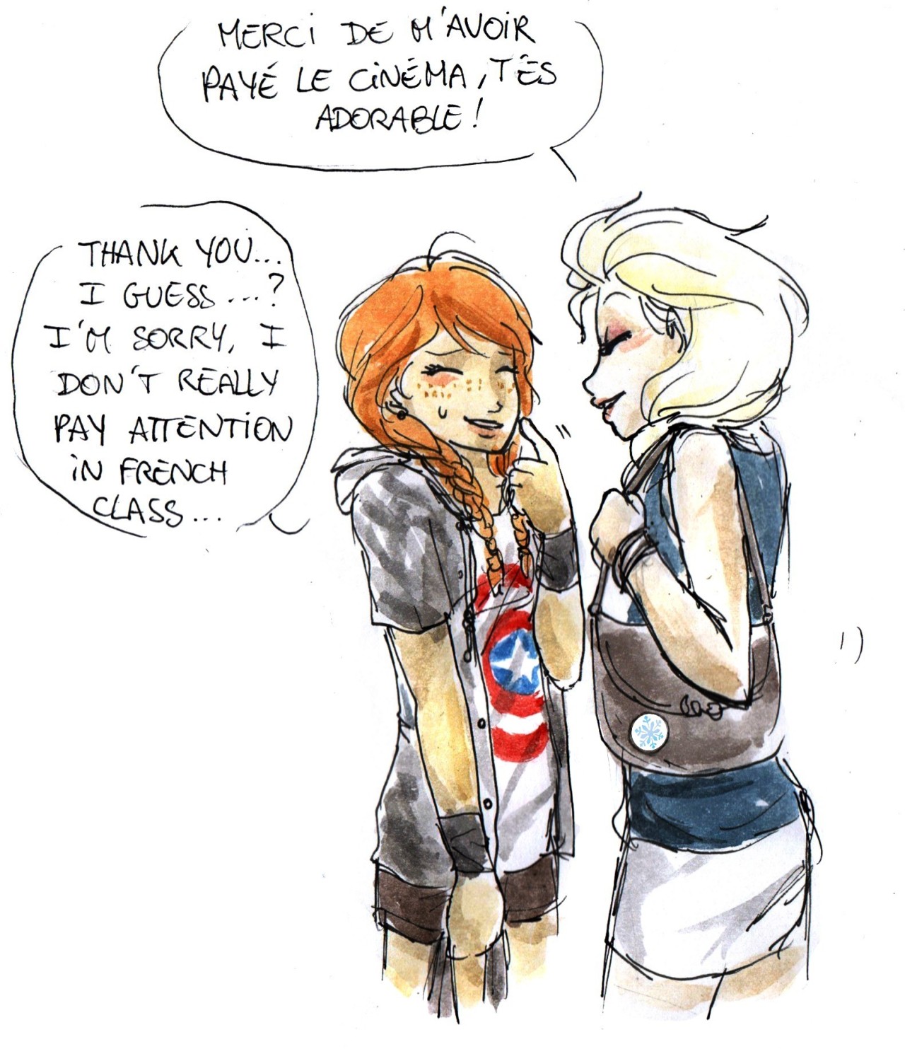 a-return-to-yuri:  ninjaelsanna:  Modern AU - French!Elsa: Anna is in College, and