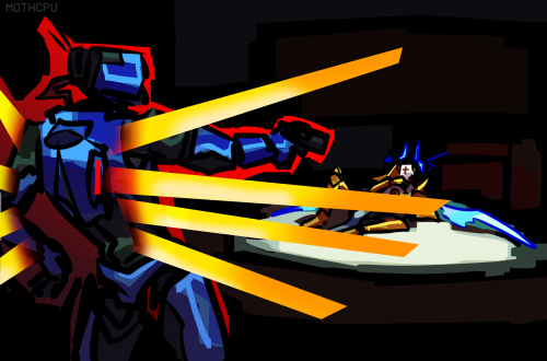 messy digital drawing of V1 and Gabriel. V1 is standing in the foreground with its back to the camera and holding a gun to Gabriel, and Gabriel is lying on his back in the background, lit by a spotlight surrounded by black.