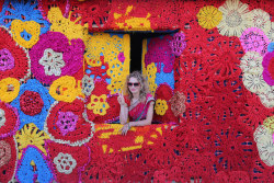 hifructosemag:While some artists view yarn bombing as purely decorative, Olek often swathes objects in crochet to draw attention to important socio-political issues. Known for the outspoken messages in her large-scale, colorful work, she was recently