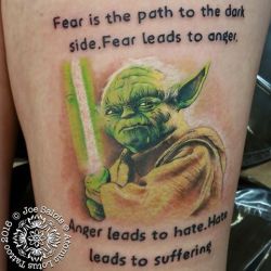 atomiclotus:  Twice in two weeks our awesome clients have come in and let us create some really fantastic Star Wars tattoos. Check out this Yoda thigh piece from resident artist Joe Salois! Thank you guys so much. And if you’re looking for an artist