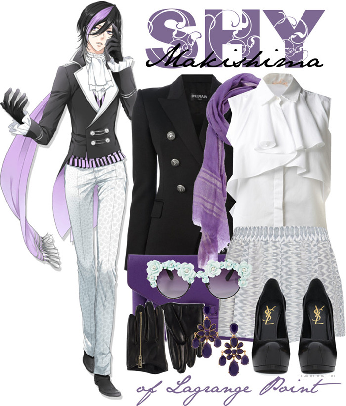 LAGRANGE POINT Fashion » Makishima Shy » Catastrophe Outfit [x] In honor of their new release! I just love Kira and Shy’s streaked hair. (´▽`ʃƪ) Snake print bottoms, black pumps, and a double-breasted blazer are the fundamentals of this...