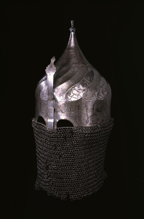 Turban helmet with chainmail neck guard, Safavid Dynasty Persia, 16th Century.from The Worchester Mu