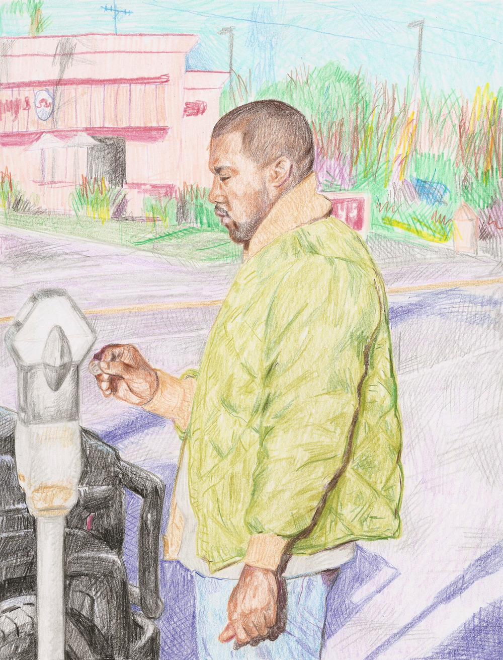 kristoffersonsanpablo:  Kanye Feeds A Parking Meter.  2014.  Colored pencil on
