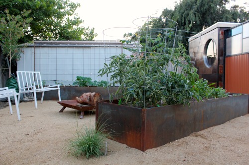 Welded steel raised bed planters, trellis and fire bowl by Robert Dougherty.