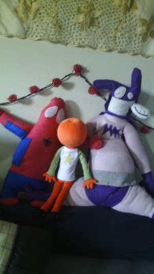 Baman, Piderman, and Pumkin together at last!!Piderman amateurishly sewn by me, Baman wonderfully sewn by my sister. She apologizes for the pilling, but they have lived in the bed for a couple of years waiting for Pumkin to join them!Baman Piderman is