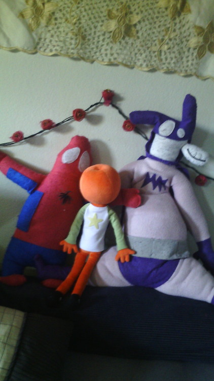 Baman, Piderman, and Pumkin together at last!!Piderman amateurishly sewn by me, Baman wonderfully sewn by my sister. She apologizes for the pilling, but they have lived in the bed for a couple of years waiting for Pumkin to join them!Baman Piderman is