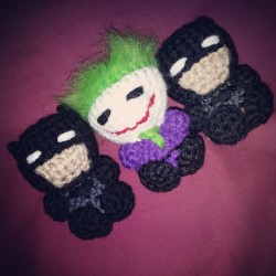 keepsakesss:  Couple of batmen n a joker #crafts #crochet #amigurumi #joker #batman 