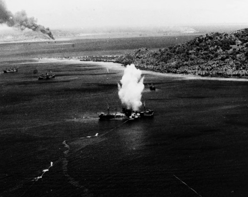 The Japanese freighter Amagisan Maru is hit by a torpedo dropped by pilot Lt. Paul Eugene Dicks