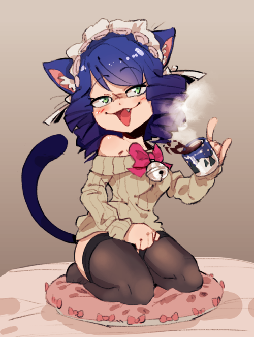 Smug cat girl spilling hot chocolate on herself, holidays!