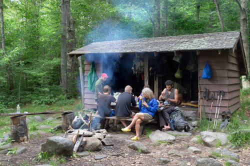 Dinner time at Story Spring Shelter for a mix of northbound AT thru hikers, Long Trail end-to-enders