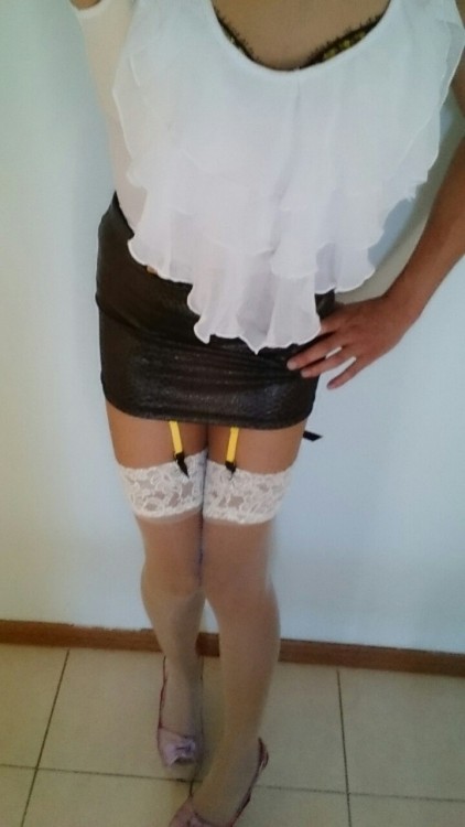 sissyelektra1:  Sorry if some are a bit blurry  My secretary outfit  Silk all matching bra gstring and garter belt Shine pantyhose  White shine thigh high stockings  Mini skirt and nice white cotton blouse  And beautiful pink heels to set it off How every