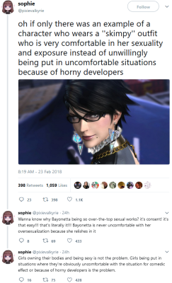 trilllizard666:  sindri42:  videogamesincolor:  niambi:  batzendrick: I feel like this deserves to be shared. this is hilarious because…Bayonetta is a fictional character who therefore cannot consent to anything you geeks…she “owns” her sexuality