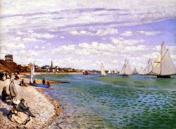 laflaneusedesdeuxrives:  Claude Monet 1) Regatta at Sainte-Adresse (1867) 2) The Beach at Sainte-Adresse (1867) 