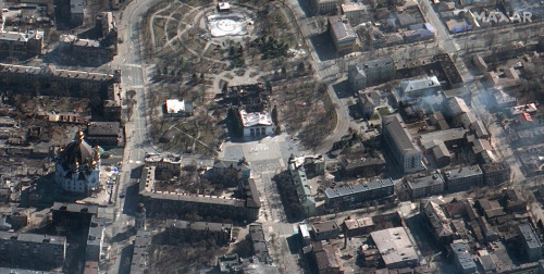 Satellite imagery from March 19, 2022, of Mariupol, Ukraine, showing the aftermath of the airstrike 