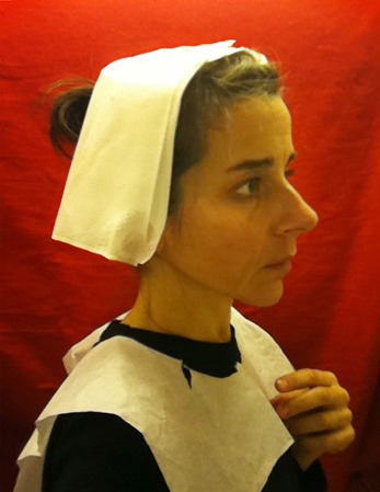 anticonfluentialist-deactivated:  While in the lavatory on a domestic flight in March 2010, I spontaneously put a tissue paper toilet cover seat cover over my head and took a picture in the mirror using my cellphone. The image evoked 15th-century Flemish