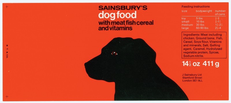 c86:Sainsbury’s cat and dog food label designs, c. 1975-79