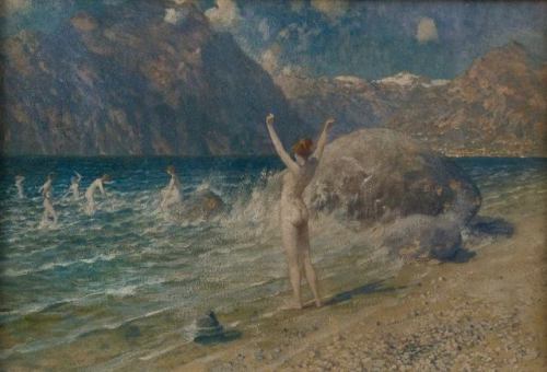 Nymphs at the lake near the children   -     Hans Wilhelm Schmidt German, 1859-1950 Oil on canvas