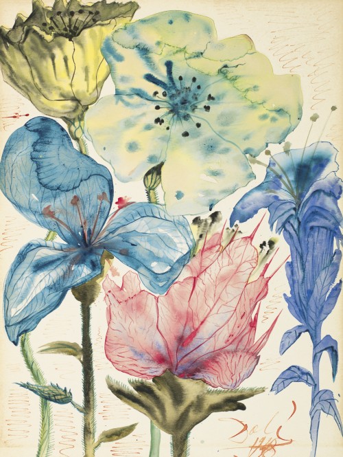 a-la-belle-e-toile:Salvador Dalí - Fleurs, 1948, watercolor and pen and brush and colored inks on bo