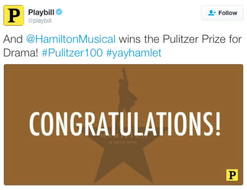 micdotcom:Hamilton won the Pulitzer! And while it seemed like Lin-Manuel might have missed the news,