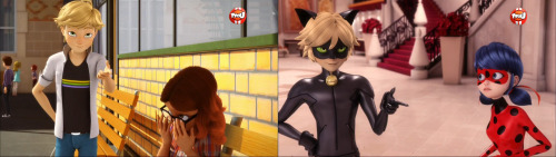 michigopyon:  miraculous-chan:  Adrien vs Chat Noir  I love this so muchhh It’s so interesting to see side-by-side how while he’s essentially doing the same exact gesture, there are little differences. Adrien is more subtle and proper- straight back,