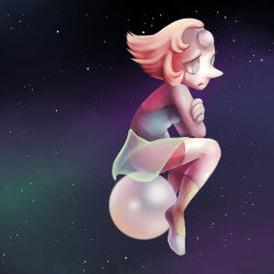 vertizontal:  Sad Pearl sitting on a pearl in space. 