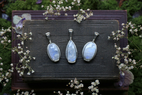 Beautiful moss agate, rainbow moonstone, labradorite and ruby + kyanite in fuchsite pendants are now