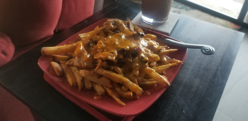 Day old french fries covered with taco soup and grated cheddar. Make sure to follow me on Instagram 