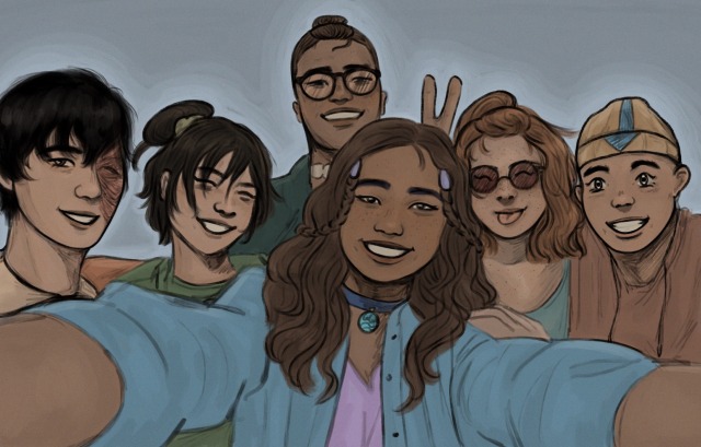 digital drawing of a group selfie of zuko, toph, katara, sokka, suki, and aang, being taken by taken by katara, which is evident by the fact that her arms are outstretched as if holding a camera. they are all dressed in casual modern clothes and smiling. from left to right: zuko is wearing a button down white shirt over a red sweater and smiling shyly. toph's hair is tied into a loose bun with a scrunchie and is wearing a green shirt as she smiles with her eyes closed. katara is wearing a blue jacket over violet shirt and her hair is down as she smiles directly at the camera. sokka is standing behind her doing bunny ears over her head, wearing glasses and a teal sweater, smiling with his head tilted back. suki is wearing a blue shirt and red round sunglasses, sticking her tongue out as she smiles with her eyes closed. aang is wearing an orange hoodie and a yellow beanie with a blue arrow running across it, grinning wide with big sparkly eyes. the background is greyish-blue, and the color palette is warm yet muted. the style is semi-realistic but mostly cartoonish, with big lines and stylized emphasis on the faces, specifically evident in their wide smiles. 