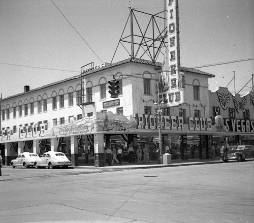 vintagelasvegas: Las Vegas, c. 1947. Woman on cell phone. Golden Nugget, Frontier Club, Pi
