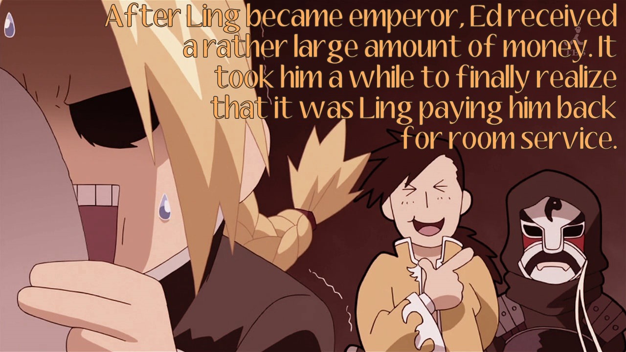 fullmetal-headcanon:   After Ling became emperor, Ed received a rather large amount