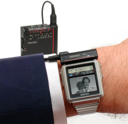 vintagecollectorguy:  Apple Watch? Samsung Gear? Motorola Moto 360? The Seiko TV WATCH (1982, Japan) was the very first real, honest-to-goodness wrist TV, delivering VHF/UHF television, FM stereo radio, as well as time, alarm, calendar, and stopwatch