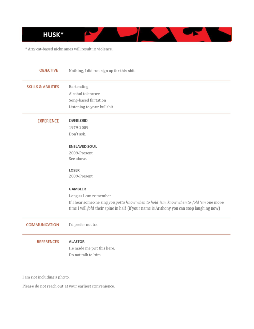 I Made Resumes For Hazbin Characters Because Thats The Kind Of Thing That Amuses Me, Results Are Below