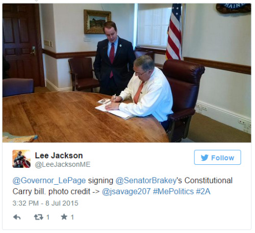 thinksquad:  Maine’s Governor Paul LePage signs bill allowing concealed guns without permits    AUGUSTA — Republican Gov. Paul LePage signed a bill Wednesday that will make Maine one of a few states where residents are free to carry a hidden firearm