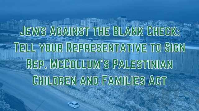 Blue-filtered image of the Apartheid Wall. Green lettering reads "Jews Against the Blank Check: Tell your Representative to Sign Rep. McCollum’s Palestinian Children and Families Act". 