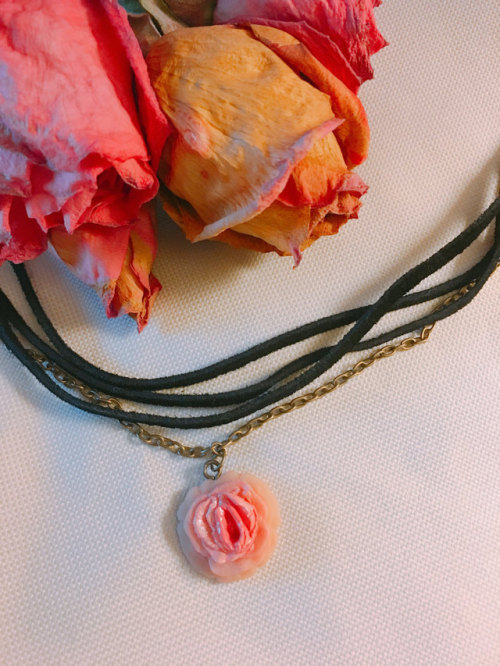 Black leather stripes choker with hand made vagina flower pendent by Linggo