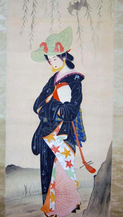 Traditional Japanese Kakemono painting on silk scrollbar bone. Dated to the early years of the Taish