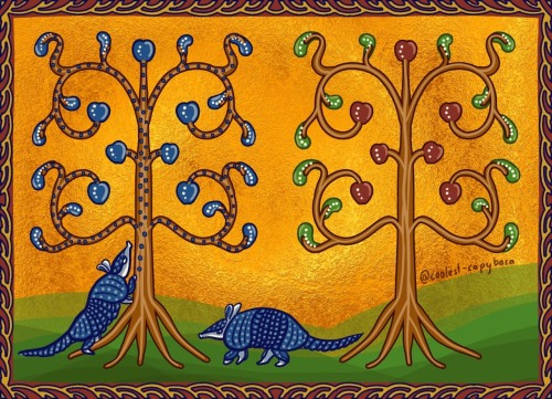A red frame with a blue and yellow pattern surrounds a scene that shows two stylized apple trees side by side. The right tree has green leaves and red apples. One bright blue armadillo is walking towards the left tree, while another one is already touching it. From its paw, blue dots spread upwards on the tree; its leaves and apples have already turned blue. The background is done in shiny gold foil.