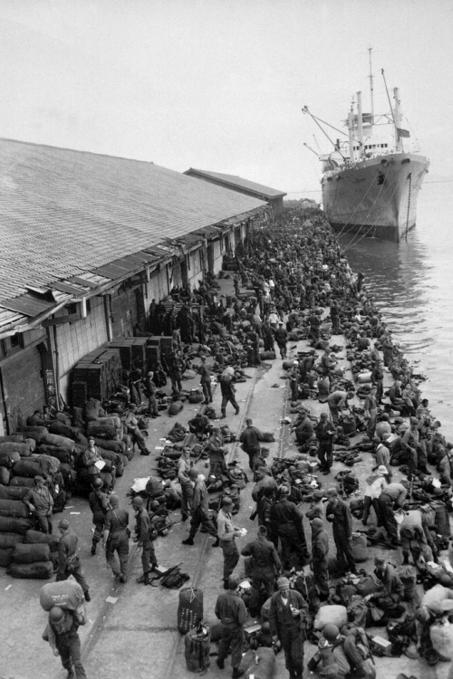 US troops on a pier after disembarking from a troopship/6 August 1950