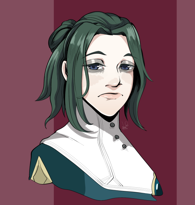 A right-facing bust of Linhardt von Hevring from Fire Emblem: Three Hopes. His green hair is just shy of shoulder-length, mostly pulled abck in a bun with loose hair around the bottom of it, equal in length to his bangs which are parted in the middle of his forehead. His skin is extremely pale, his blue eyes are dull, and there are large, dark circles around his eyes. His expression is neutral. He's wearing a high-collared white button-up top with teal layers below, and a teal gem on his chest. The background is pinkish-red in stripes.