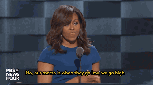 refinery29:  Watch Michelle Obama’s inspiring speech at the Democratic National Convention “Our motto is when they go low, we go high” was just one of about a billion amazing Michelle Obama-isms. See how she drops the mic when explaining why Trump
