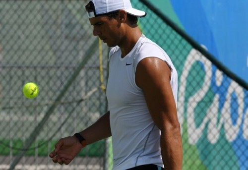 loveequalsnothing: Rafa Nadal and Marc Lopez practice ahead of the Olympic Games 2016.