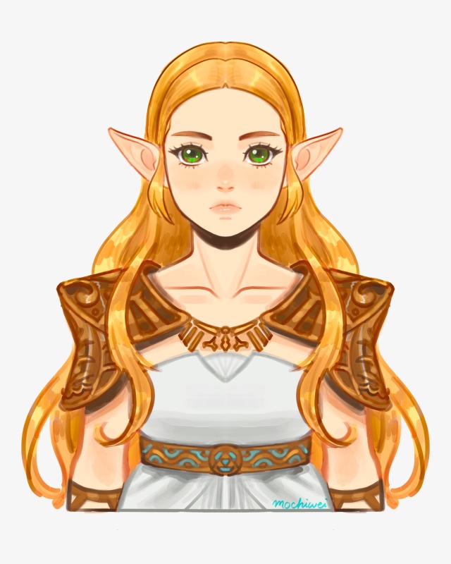 a waist-up drawing of Zelda from breath of the wild. She is wearing golden pauldrons over a white dress. 