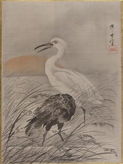 heaveninawildflower: ‘Cranes in Marsh’ (circa  1887  ). Silk painting (album leaf) by Kawanabe Kyōsai (Japanese, 1831–1889). Image and text courtesy The Met. 