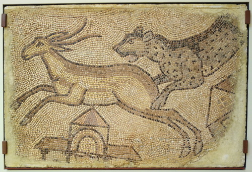 A leopard pursues a gazelle.  Mosaic from a late Roman villa at Homs (ancient Emesa), Syria, artist 