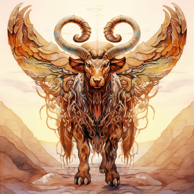 A winged bull with ram's horns
