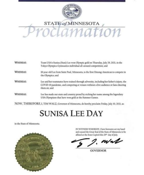 onodis:the governor of minnesota proclaimed july 30 as “sunisa lee day”