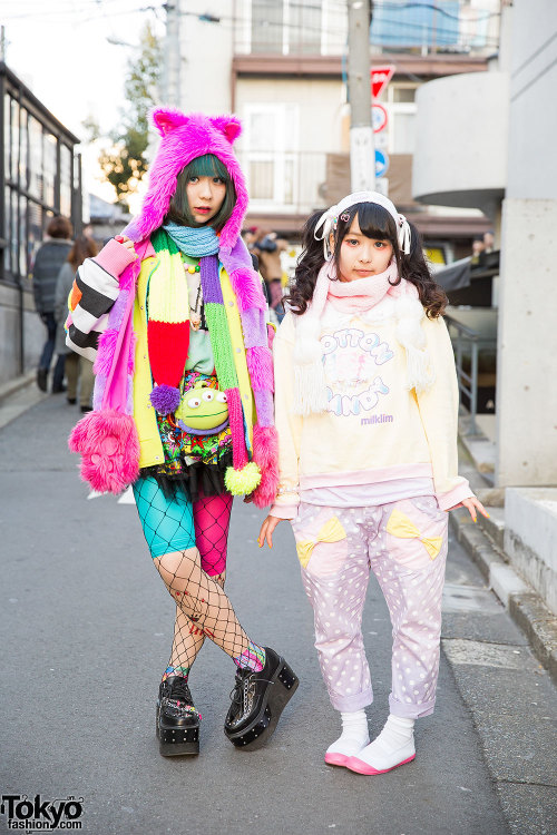 tokyo-fashion:  16-year-old Mahonyan and 18-year-old Mai Mai on the street in Harajuku wearing colorful fashion from Galaxxxy, Milklim, sakura1tama, Yosuke, and WEGO. 