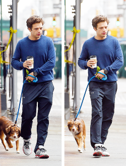 ballvvasher:  ballvvasher:  delevingned-deactivated20151023: Sebastian Stan out in New York City  FINALLY  LOOK AT HIM LOOK AT THE DOG HAHAH LOOK AT HIM WALKING THE DOG OMG LOOK D: #BUT THEY HAVE THE SAME EXPRESSIONS ON THEIR FACES THOUGH#LOOK IN THE